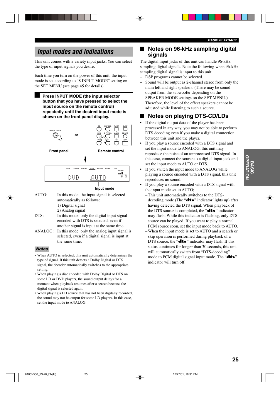Input modes and indications | Yamaha RX-V530 User Manual | Page 29 / 67