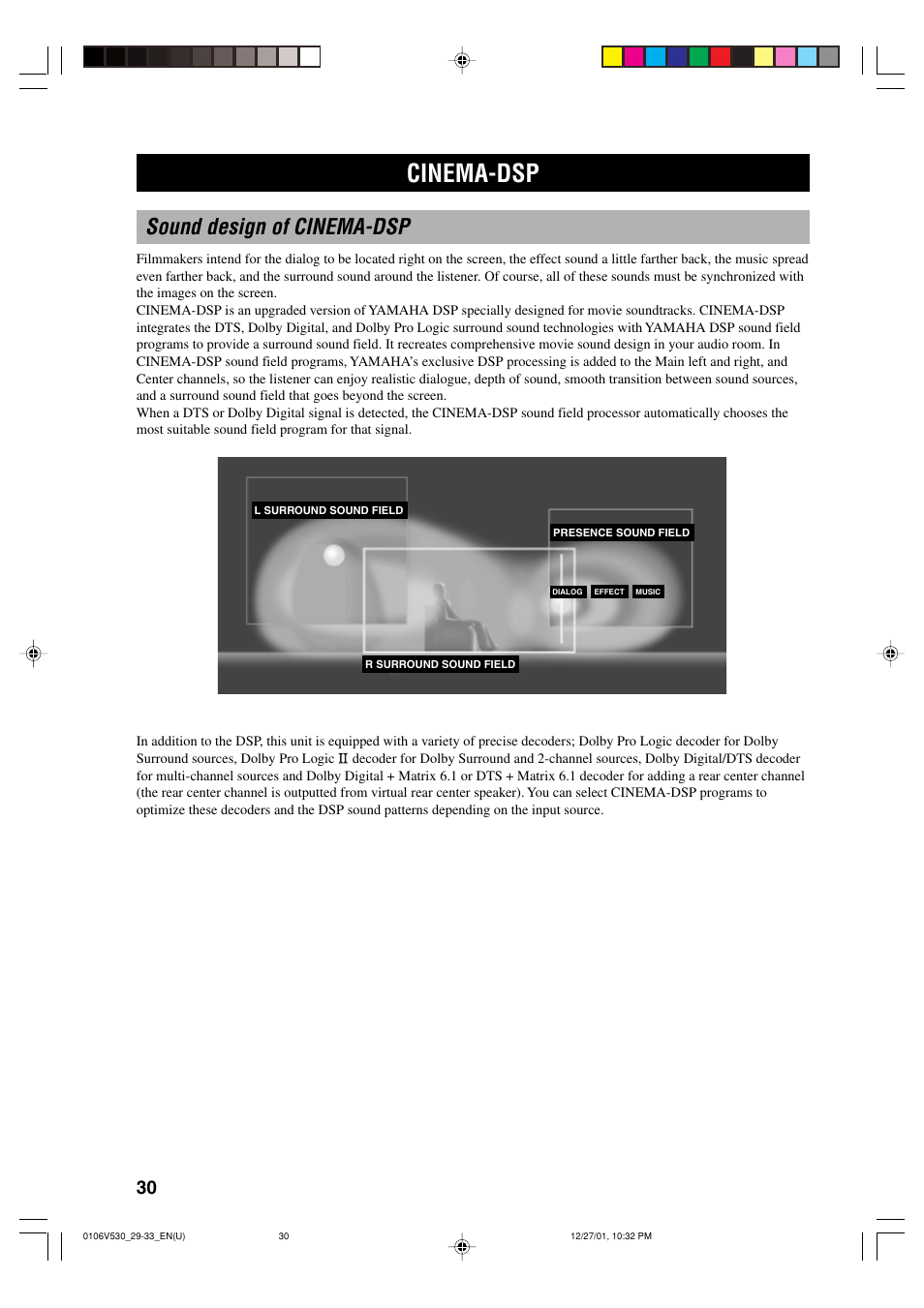 Cinema-dsp, Sound design of cinema-dsp | Yamaha RX-V530 User Manual | Page 34 / 67
