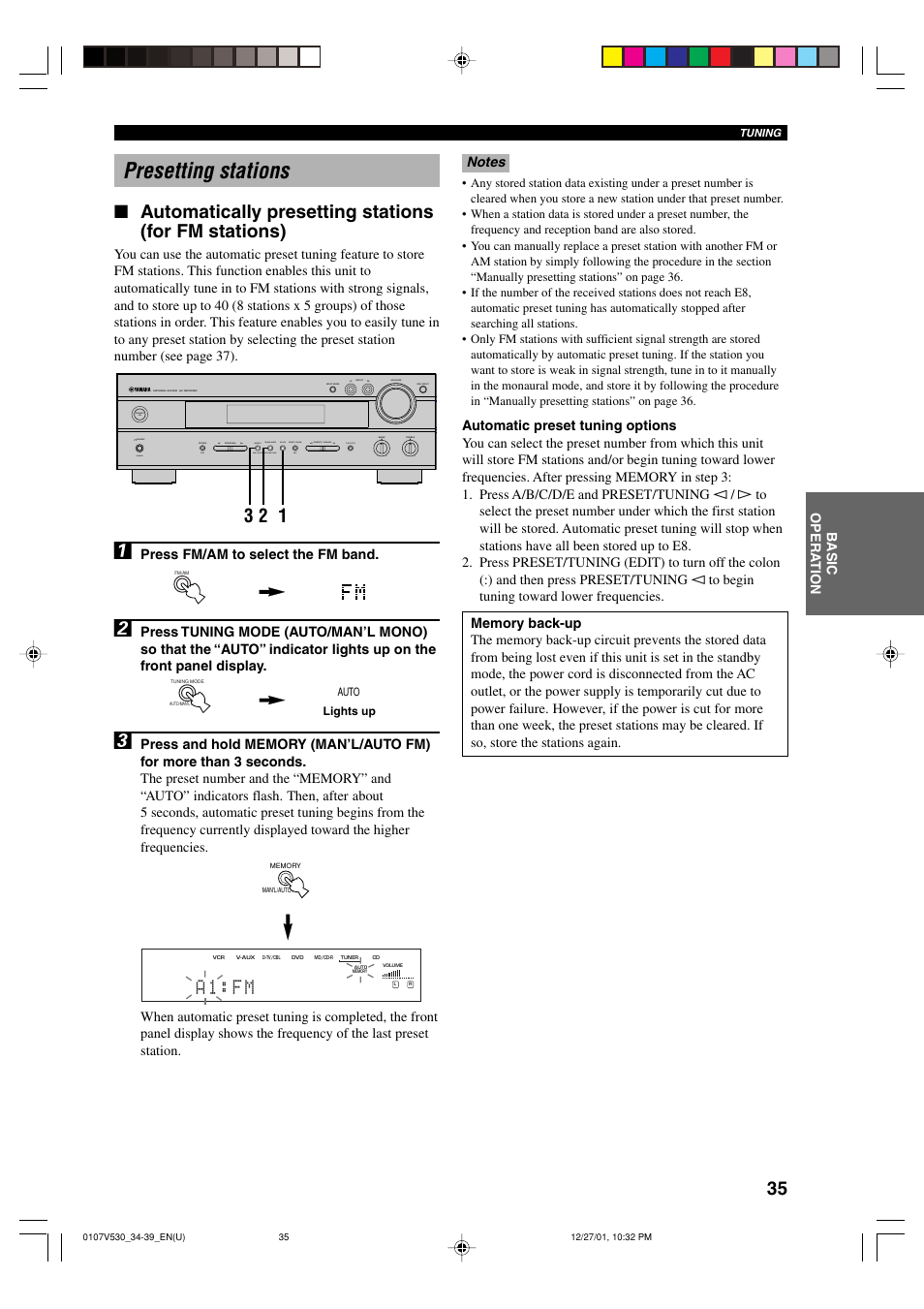 Presetting stations, A 1 : f m | Yamaha RX-V530 User Manual | Page 39 / 67