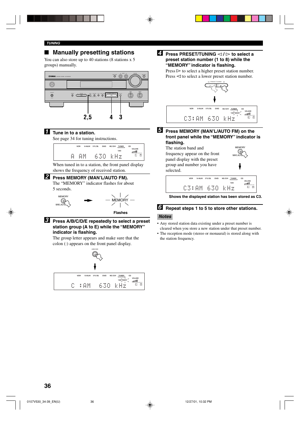 Manually presetting stations, C : a m 6 3 o k h z, A a m 6 3 o k h z | C 3 : a m 6 3 o k h z | Yamaha RX-V530 User Manual | Page 40 / 67