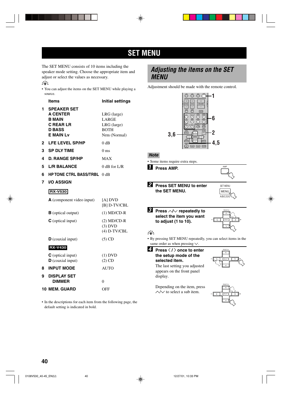 Advanced operation, Set menu, Adjusting the items on the set menu | Press amp, Press set menu to enter the set menu | Yamaha RX-V530 User Manual | Page 44 / 67