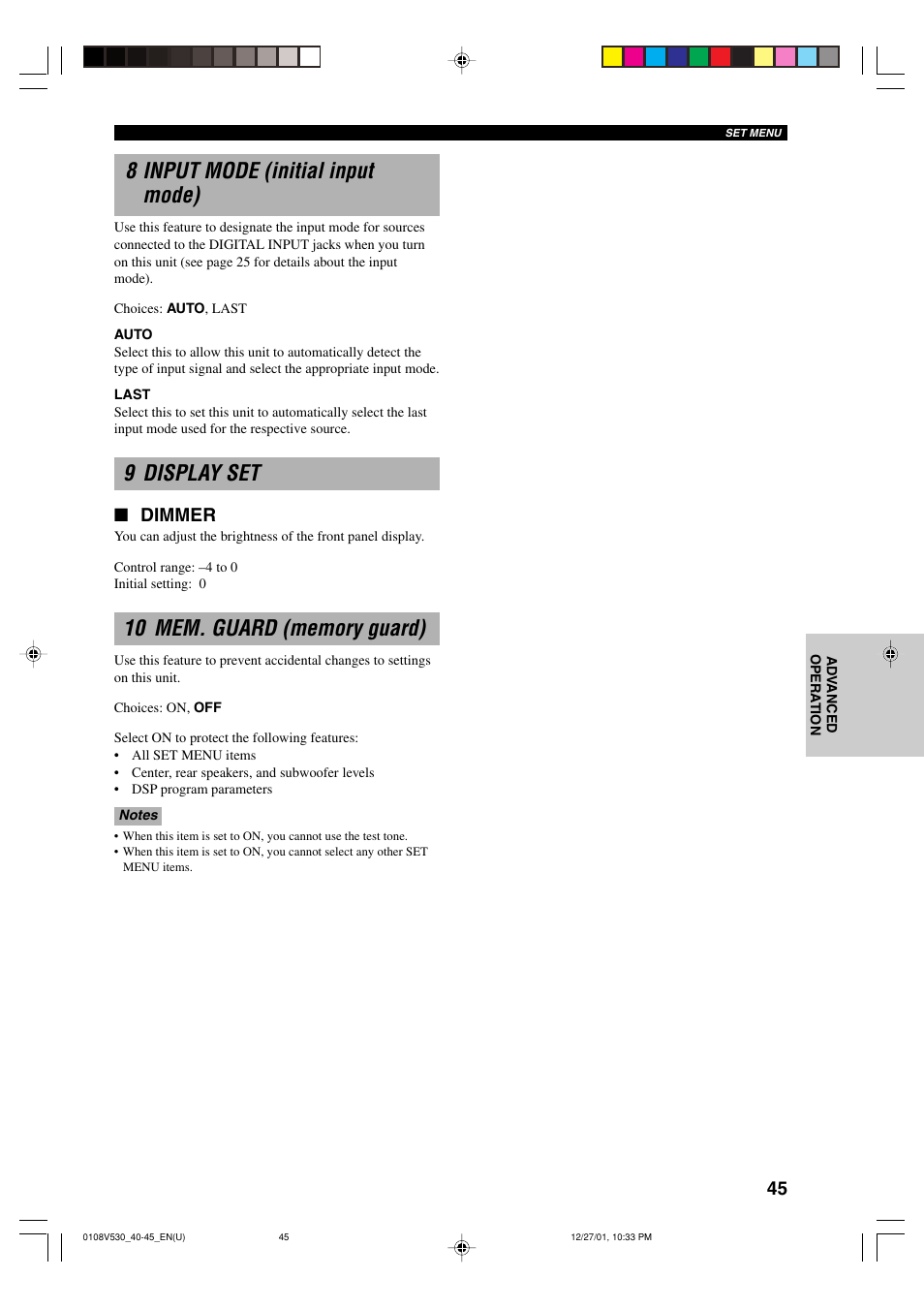 8 input mode (initial input mode), 9 display set, 10 mem. guard (memory guard) | Dimmer | Yamaha RX-V530 User Manual | Page 49 / 67