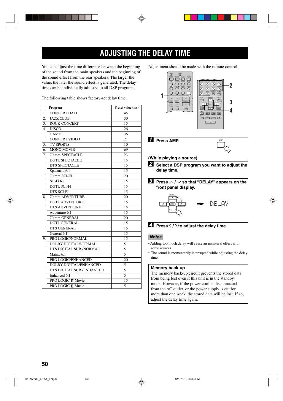 Adjusting the delay time, Delay, Adjustment should be made with the remote control | Press amp. (while playing a source) | Yamaha RX-V530 User Manual | Page 54 / 67