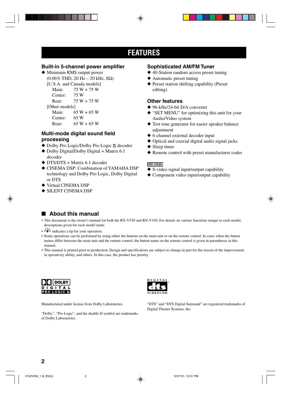 Features, About this manual | Yamaha RX-V530 User Manual | Page 6 / 67