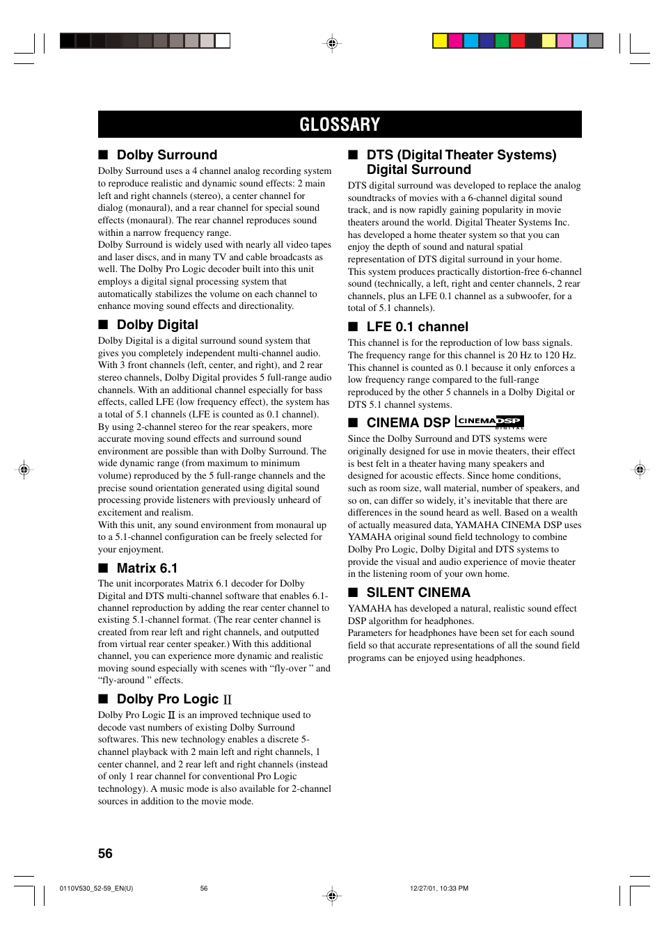 Glossary | Yamaha RX-V530 User Manual | Page 60 / 67