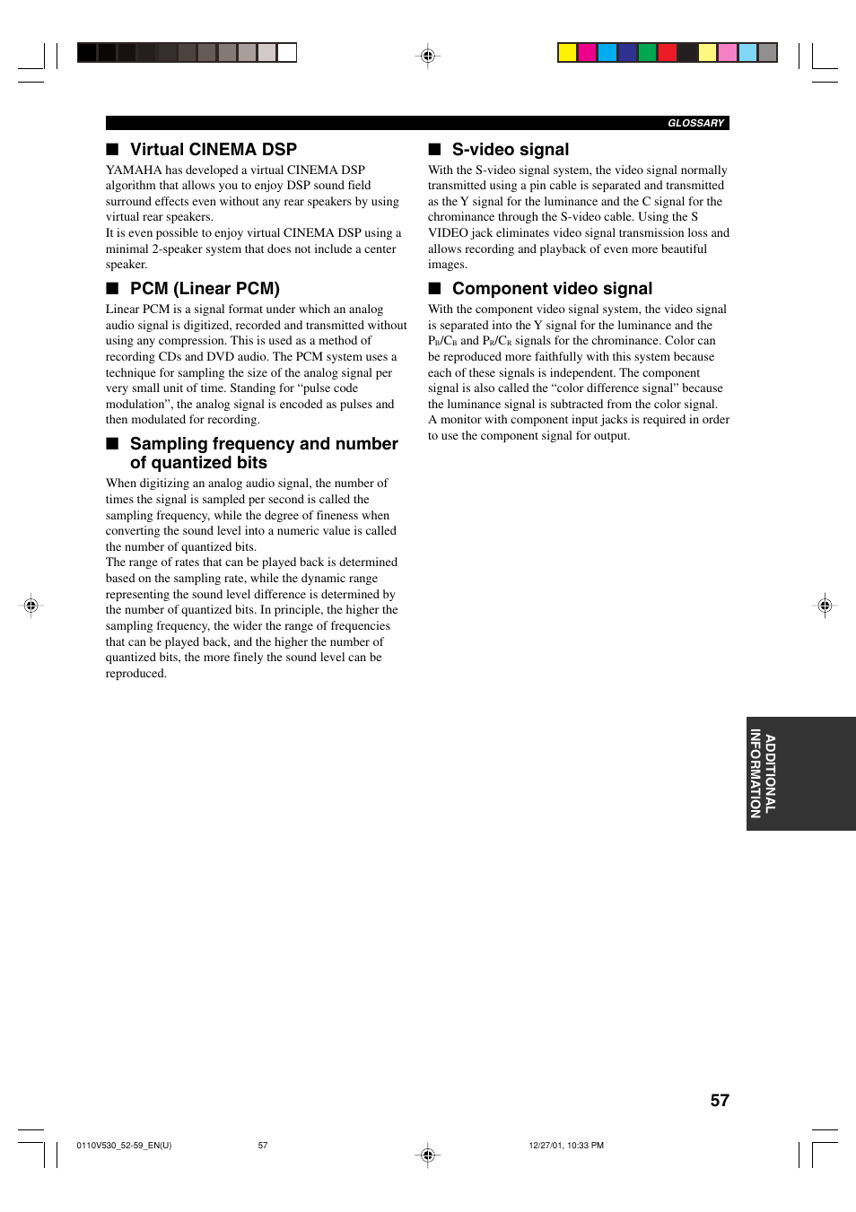 Virtual cinema dsp, Pcm (linear pcm), Sampling frequency and number of quantized bits | S-video signal, Component video signal | Yamaha RX-V530 User Manual | Page 61 / 67