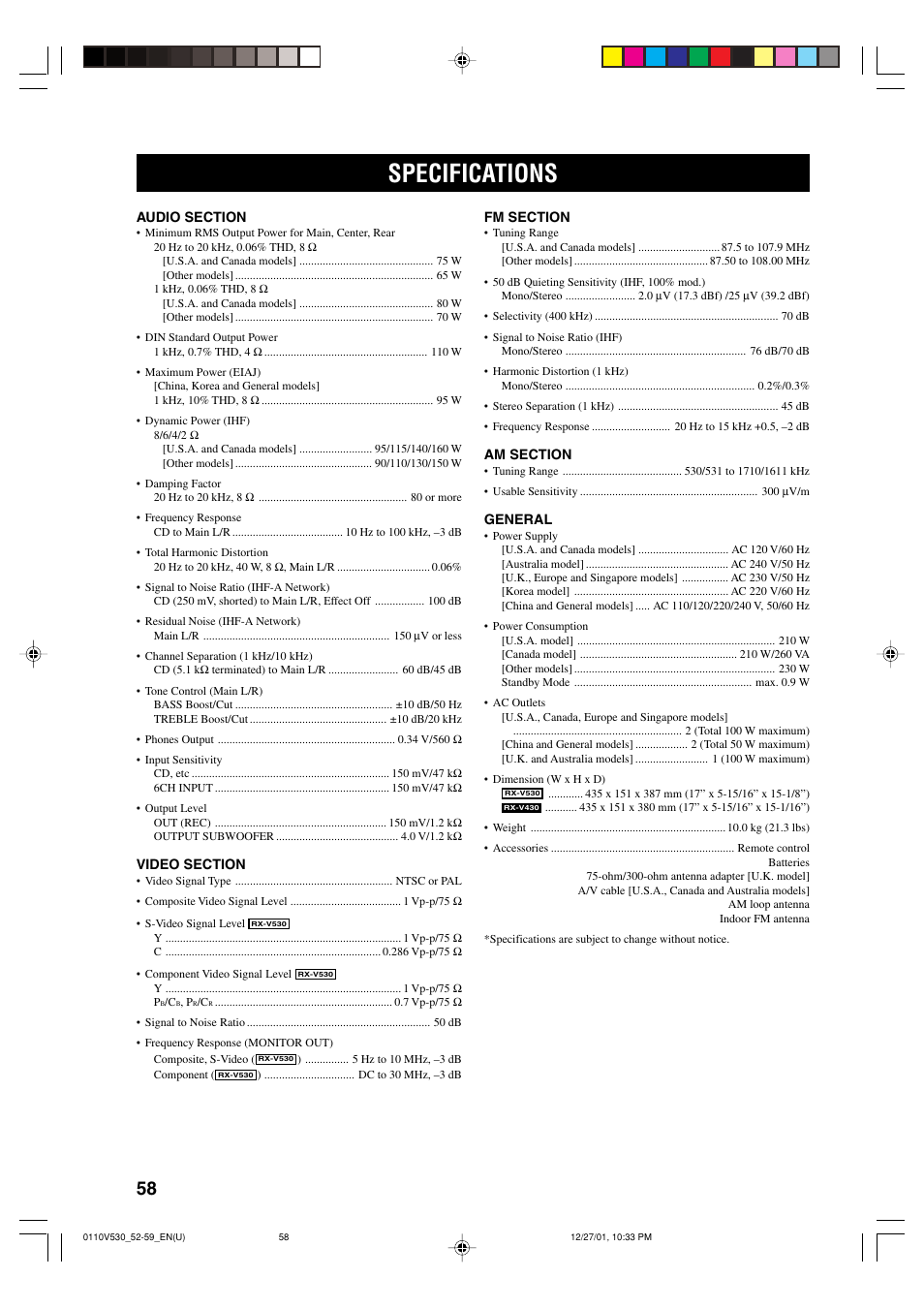 Specifications | Yamaha RX-V530 User Manual | Page 62 / 67