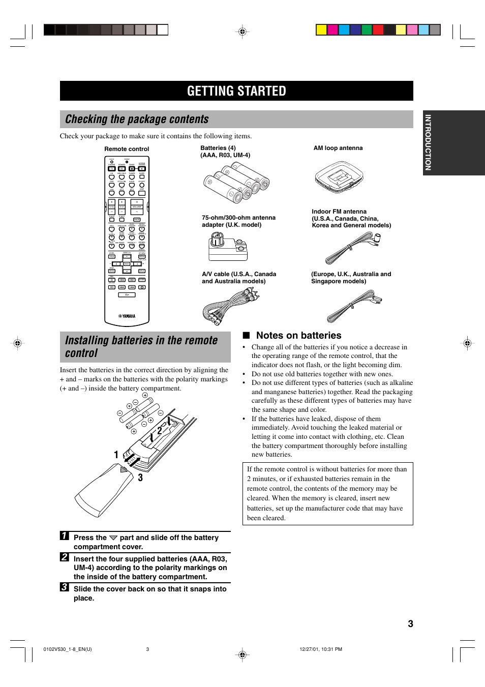 Getting started, Checking the package contents, Installing batteries in the remote control | Yamaha RX-V530 User Manual | Page 7 / 67