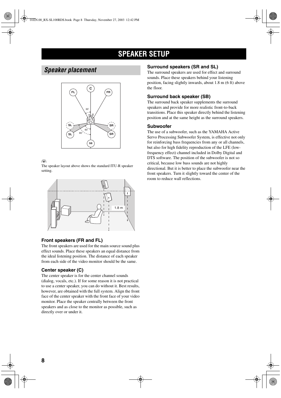 Preparation, Speaker setup, Speaker placement | Yamaha RX-SL100RDS User Manual | Page 10 / 62