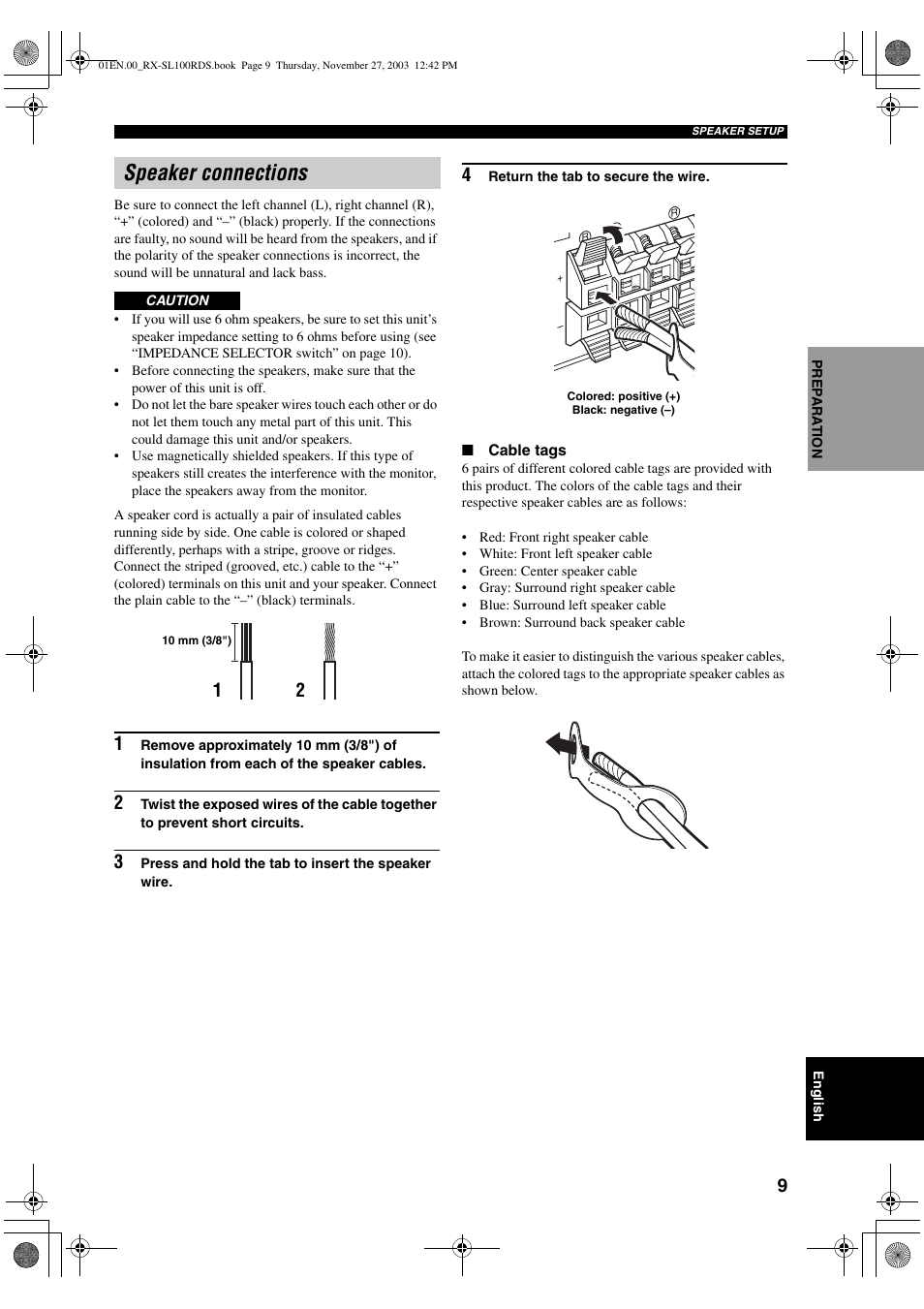 Speaker connections | Yamaha RX-SL100RDS User Manual | Page 11 / 62