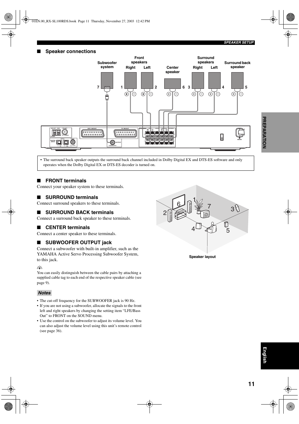 Speaker connections ■ front terminals, Surround terminals, Surround back terminals | Center terminals, Subwoofer output jack, English, Pre p ara t ion, Connect your speaker system to these terminals, Connect surround speakers to these terminals, Connect a surround back speaker to these terminals | Yamaha RX-SL100RDS User Manual | Page 13 / 62