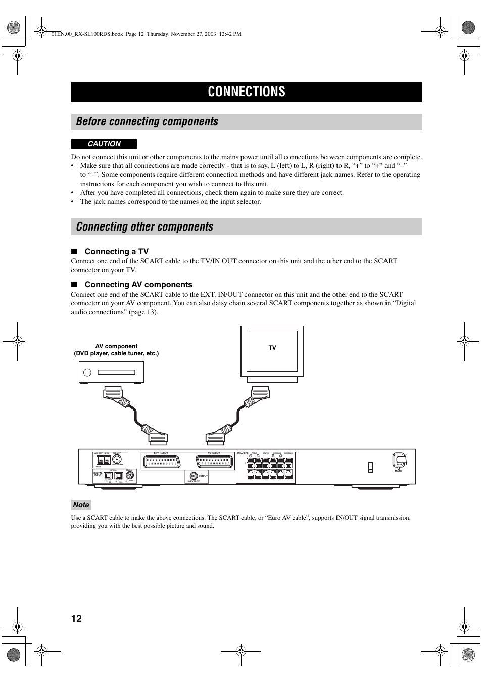 Connections, Before connecting components, Connecting other components | Connecting a tv, Connecting av components, Av component (dvd player, cable tuner, etc.) tv | Yamaha RX-SL100RDS User Manual | Page 14 / 62