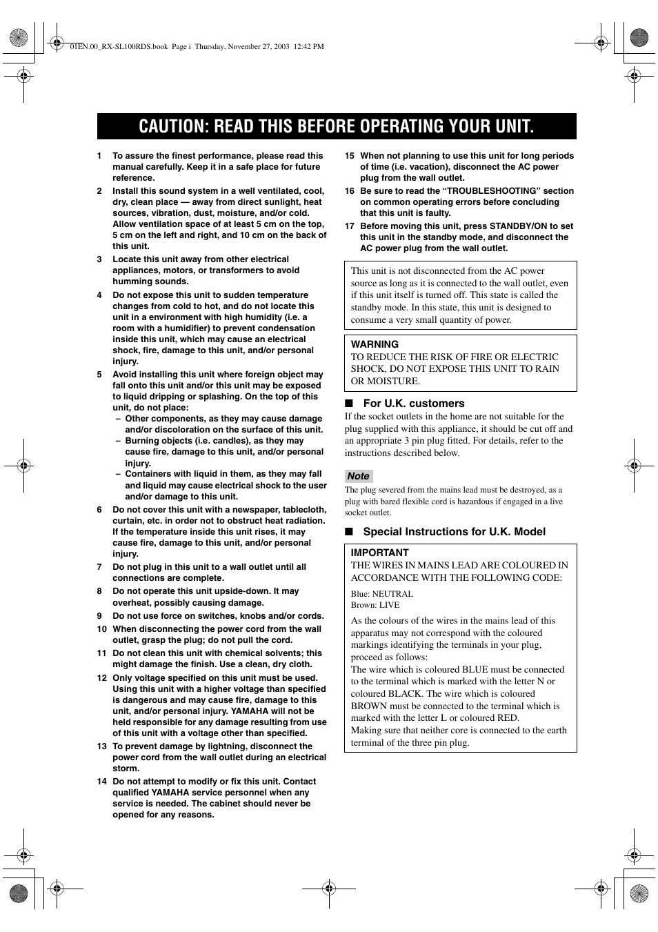 Caution: read this before operating your unit | Yamaha RX-SL100RDS User Manual | Page 2 / 62