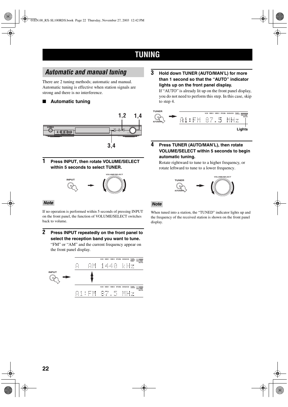 Tuning, Automatic and manual tuning, Automatic tuning | Yamaha RX-SL100RDS User Manual | Page 24 / 62