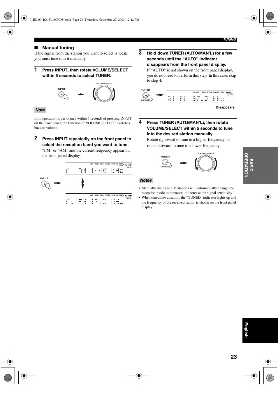 Manual tuning, English, Ba s ic opera t ion | Yamaha RX-SL100RDS User Manual | Page 25 / 62