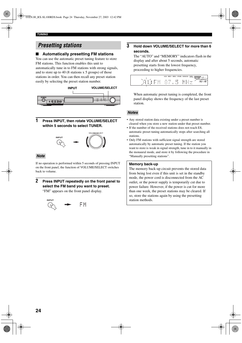 Presetting stations | Yamaha RX-SL100RDS User Manual | Page 26 / 62
