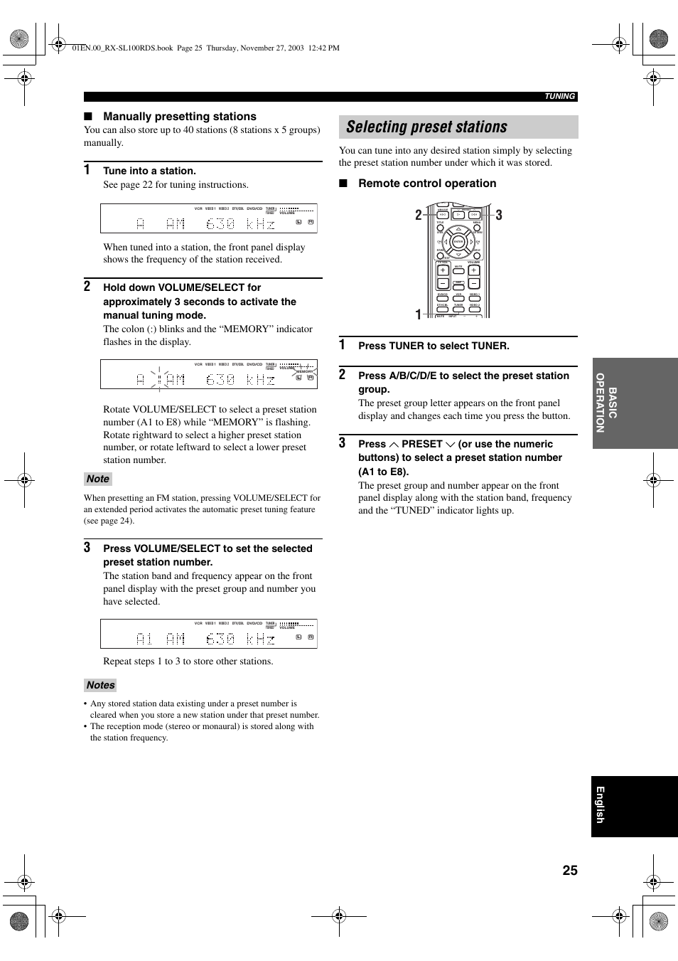 Selecting preset stations, Manually presetting stations, Remote control operation | English, Ba s ic opera t ion, Press tuner to select tuner | Yamaha RX-SL100RDS User Manual | Page 27 / 62