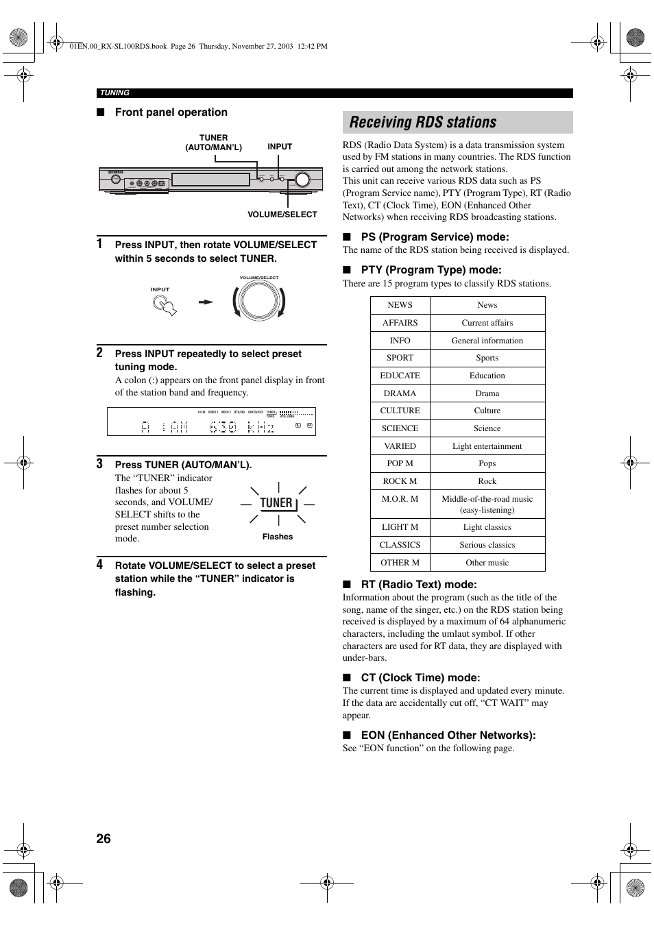 Receiving rds stations, Tuner | Yamaha RX-SL100RDS User Manual | Page 28 / 62