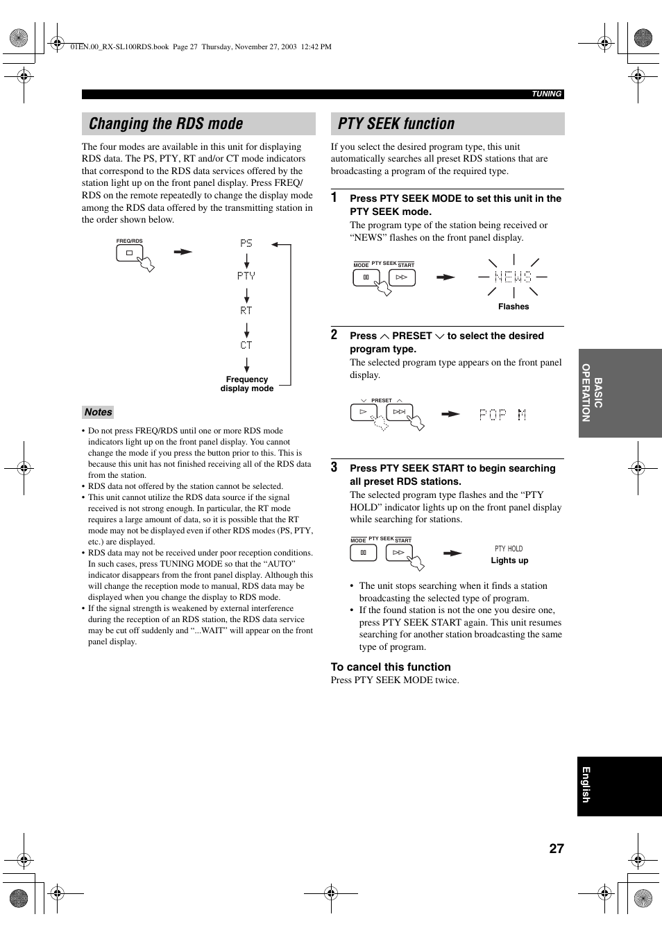 Changing the rds mode, Pty seek function | Yamaha RX-SL100RDS User Manual | Page 29 / 62