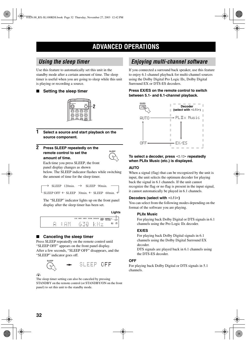 Advanced operation, Advanced operations, Using the sleep timer | Enjoying multi-channel software, Setting the sleep timer, Canceling the sleep timer, Auto ex/es pliix music off | Yamaha RX-SL100RDS User Manual | Page 34 / 62