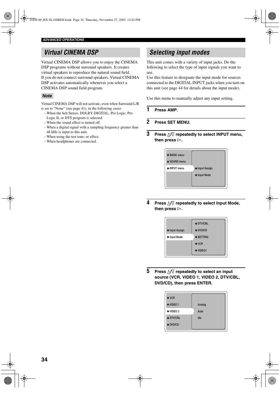 Virtual cinema dsp, Selecting input modes | Yamaha RX-SL100RDS User Manual | Page 36 / 62