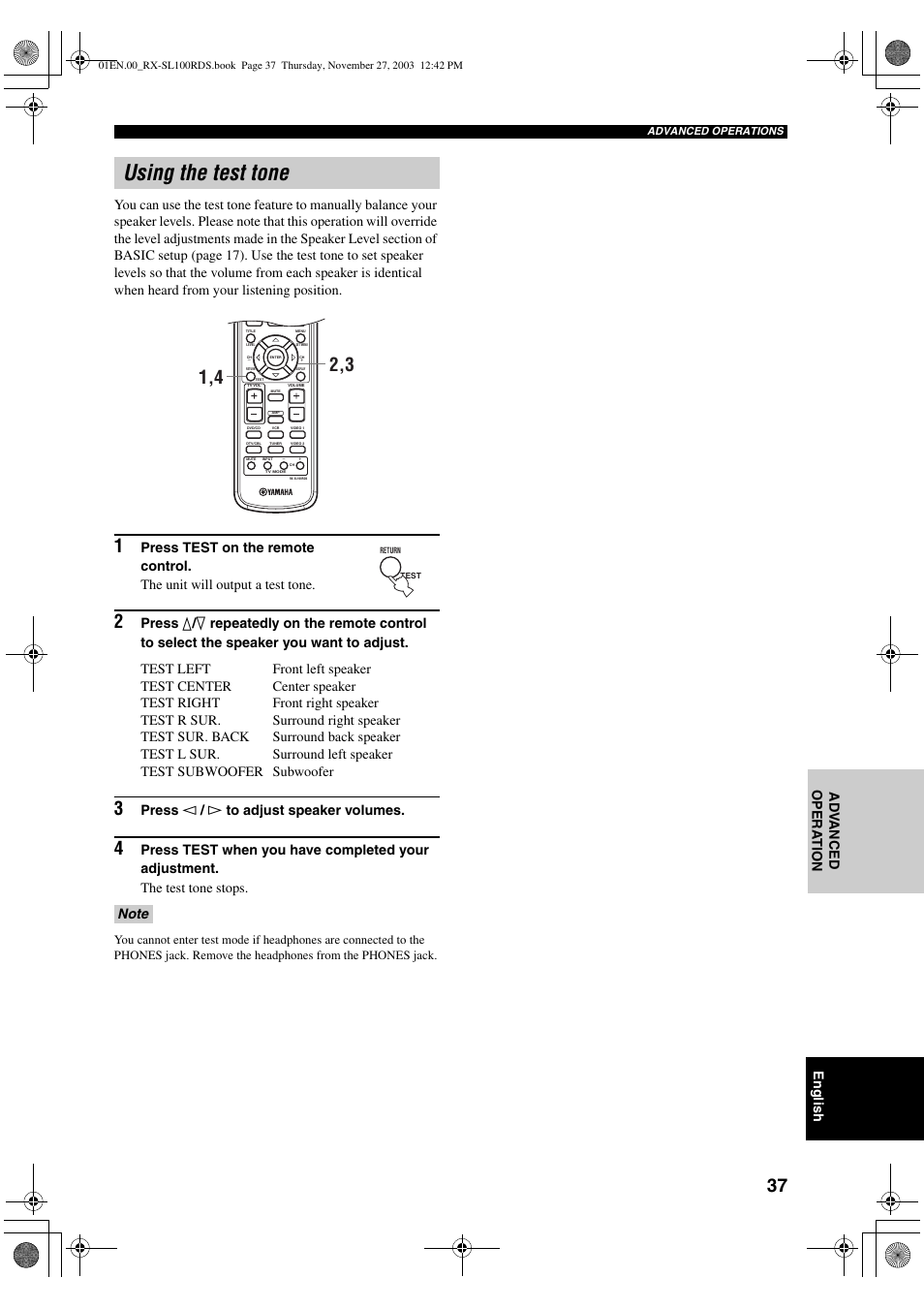 Using the test tone, English, Press l / h to adjust speaker volumes | Yamaha RX-SL100RDS User Manual | Page 39 / 62
