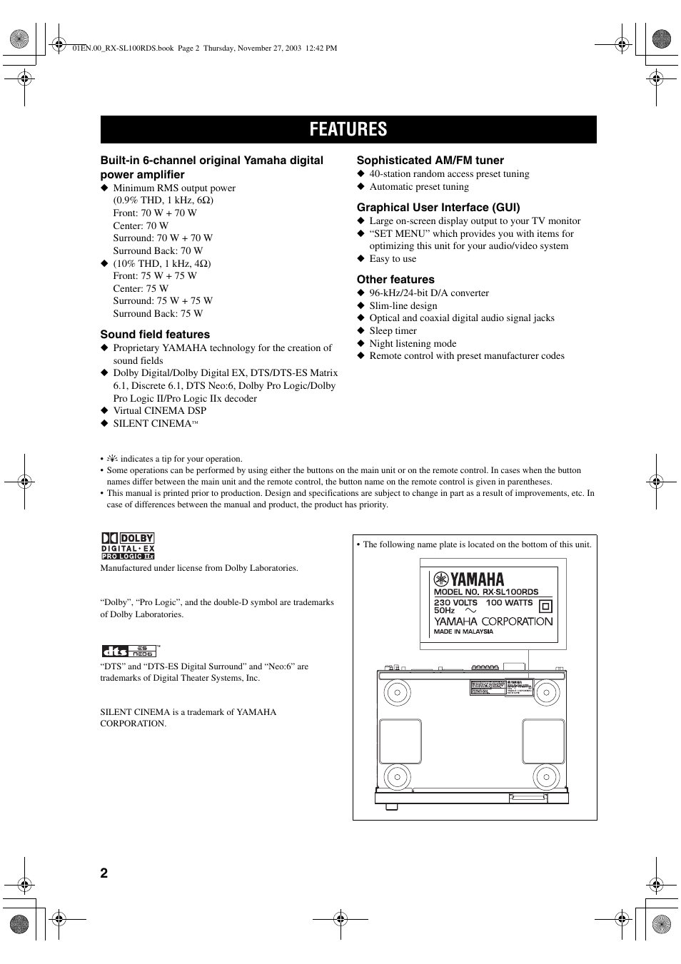 Features | Yamaha RX-SL100RDS User Manual | Page 4 / 62