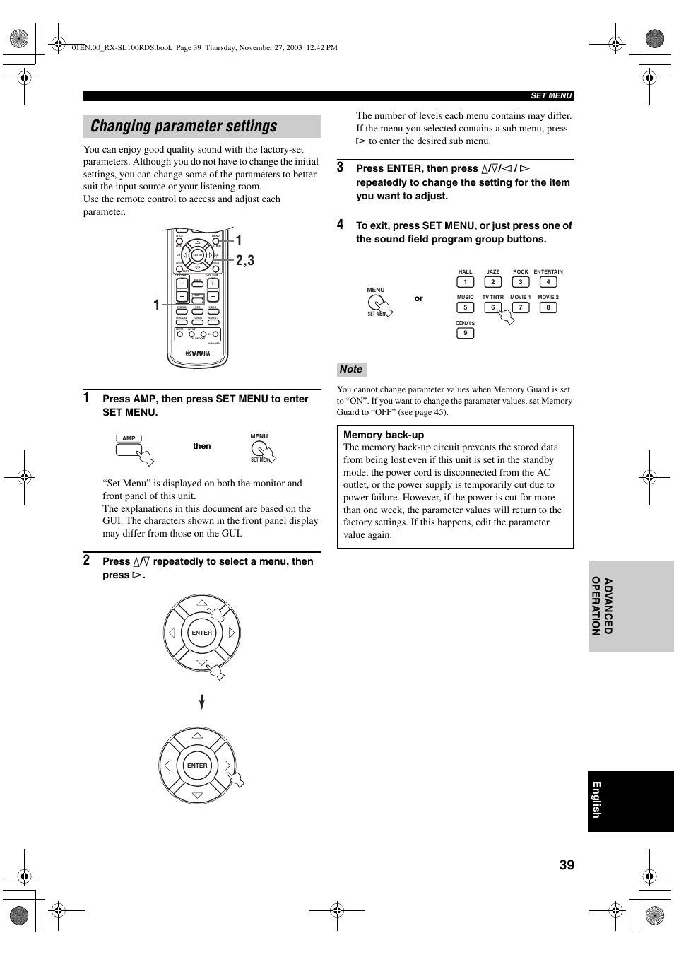 Changing parameter settings, English | Yamaha RX-SL100RDS User Manual | Page 41 / 62