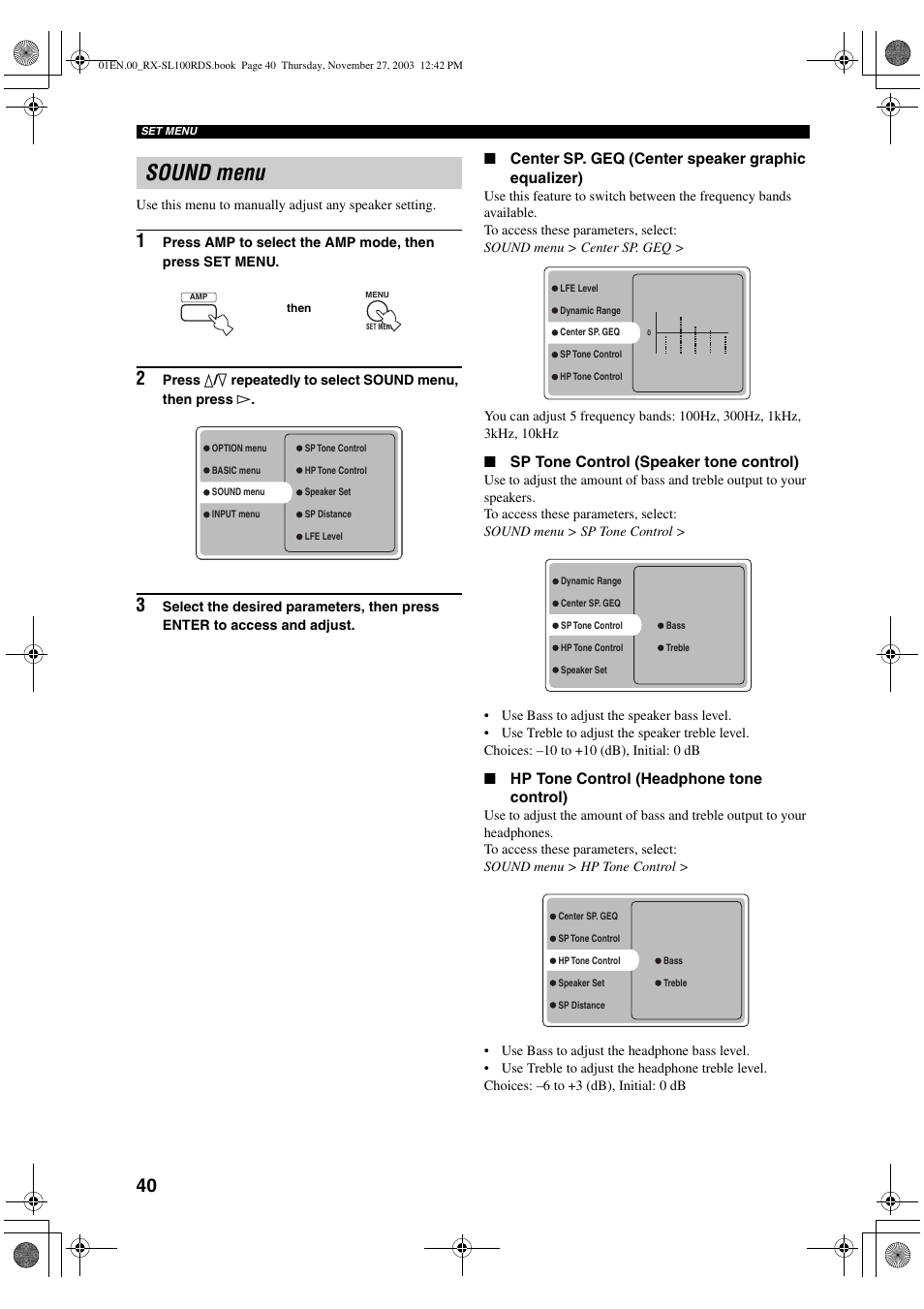 Sound menu | Yamaha RX-SL100RDS User Manual | Page 42 / 62