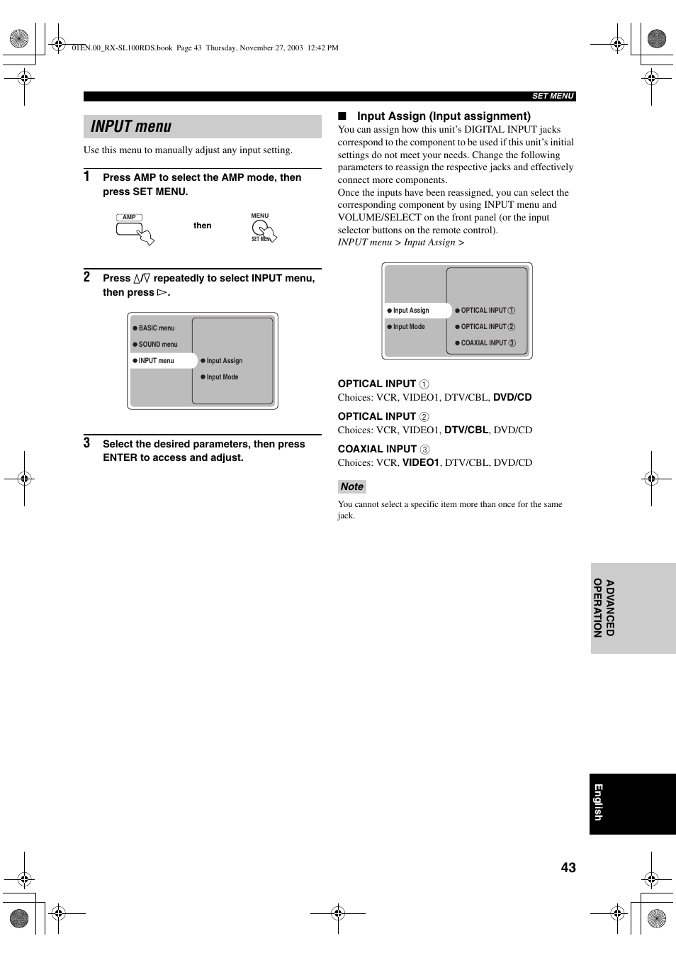 Input menu | Yamaha RX-SL100RDS User Manual | Page 45 / 62