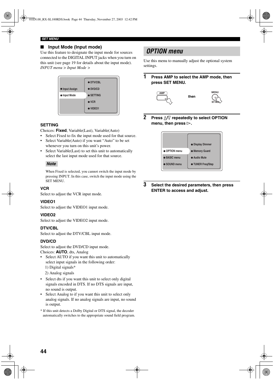Option menu | Yamaha RX-SL100RDS User Manual | Page 46 / 62
