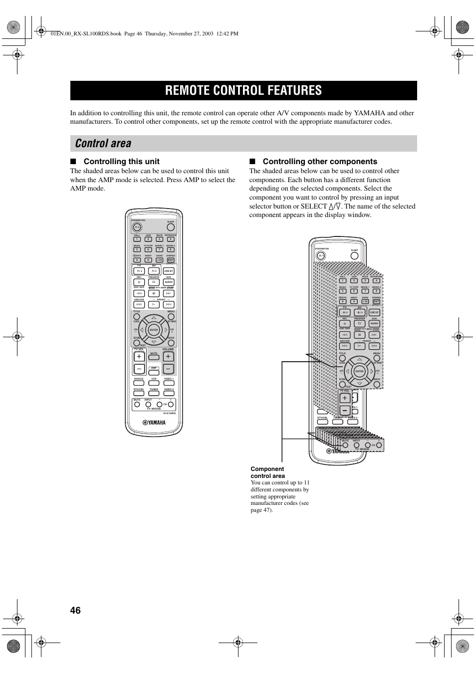 Remote control features, Control area, Controlling this unit | Controlling other components | Yamaha RX-SL100RDS User Manual | Page 48 / 62