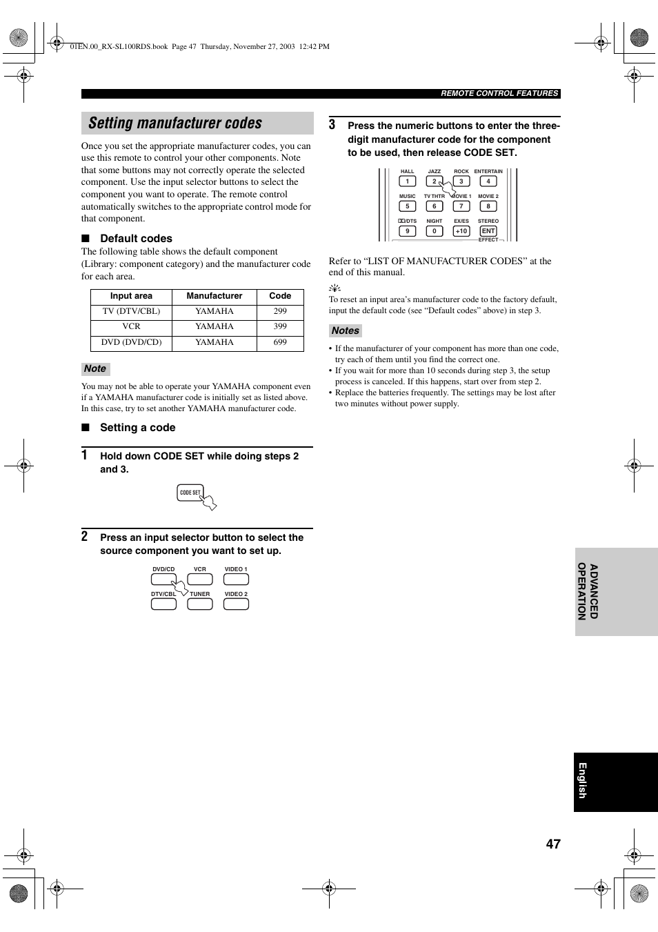 Setting manufacturer codes, Default codes, Setting a code | Yamaha RX-SL100RDS User Manual | Page 49 / 62