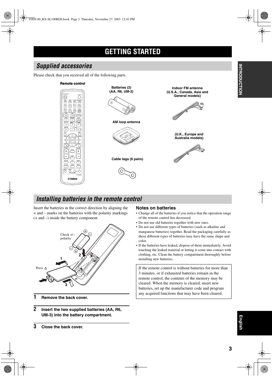 Getting started, Supplied accessories, Installing batteries in the remote control | Remove the back cover, Close the back cover, Check +/– polarity press | Yamaha RX-SL100RDS User Manual | Page 5 / 62