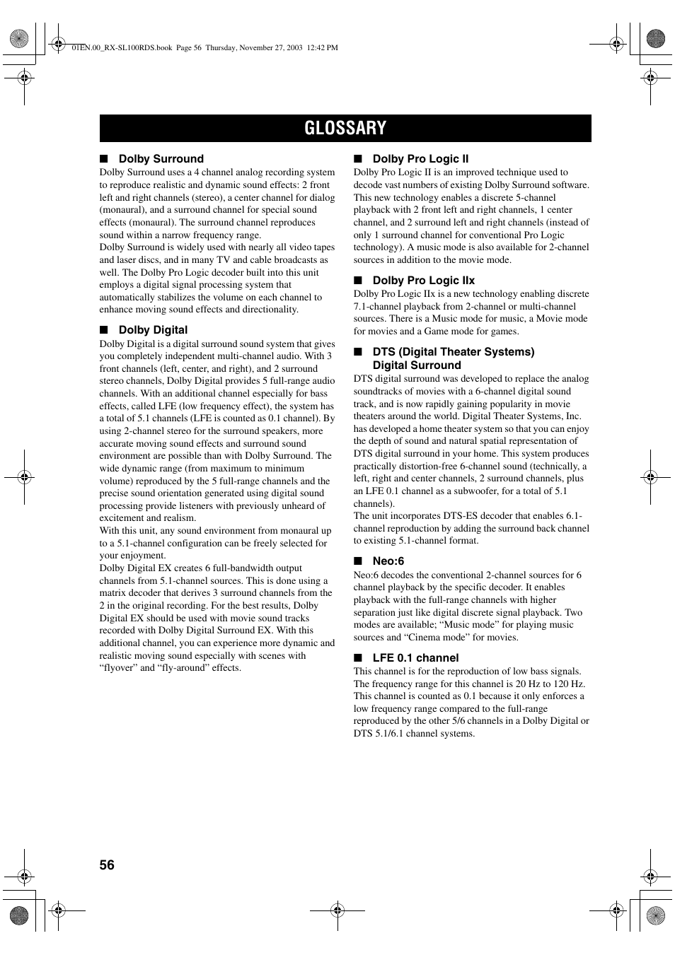 Glossary | Yamaha RX-SL100RDS User Manual | Page 58 / 62