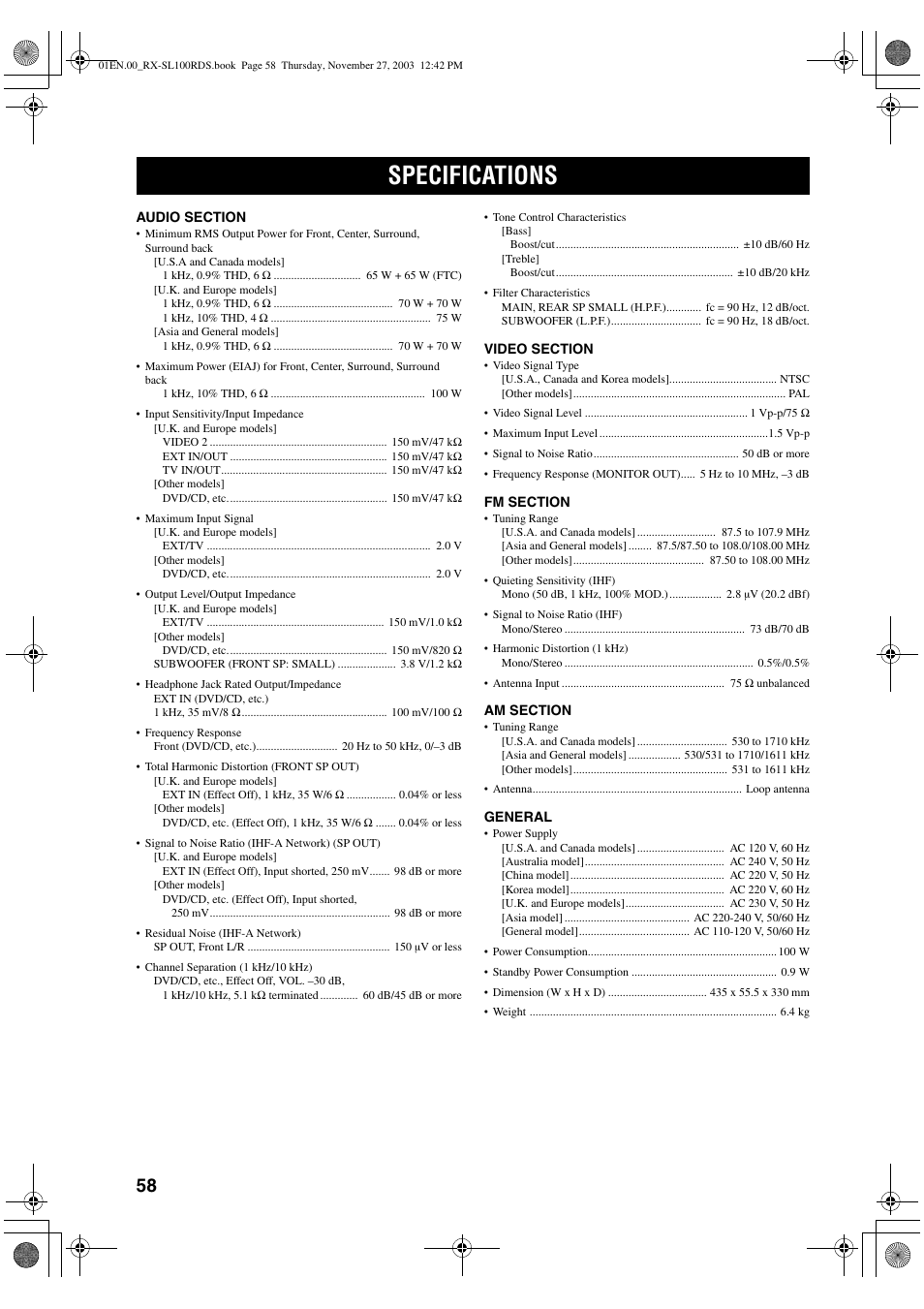 Specifications | Yamaha RX-SL100RDS User Manual | Page 60 / 62