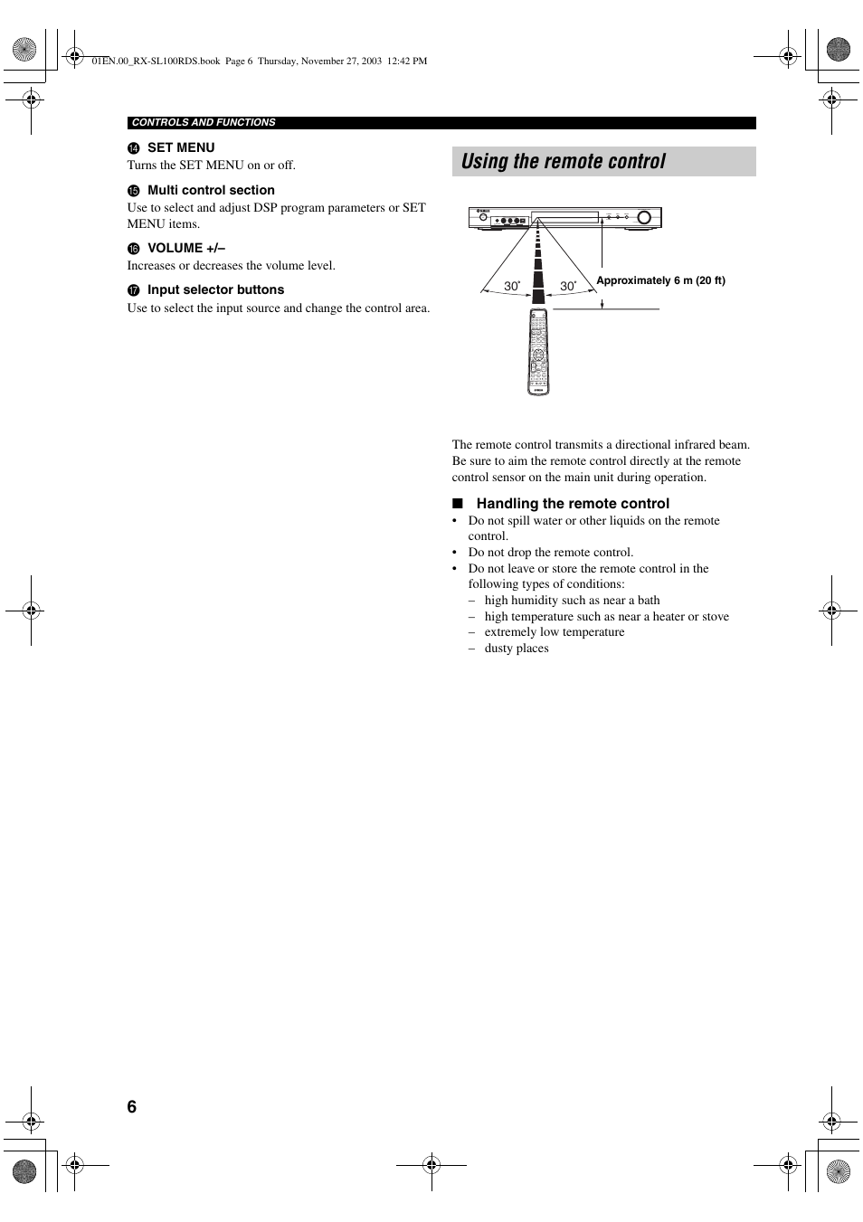 Using the remote control | Yamaha RX-SL100RDS User Manual | Page 8 / 62