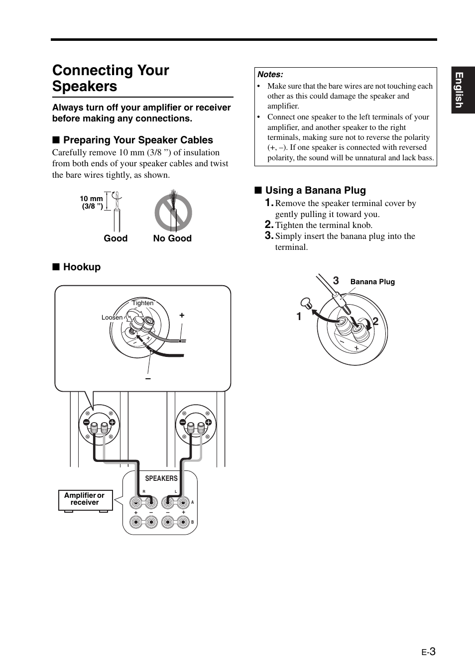 Connecting your speakers, Preparing your speaker cables, Hookup | Using a banana plug, English, Hookup ■ using a banana plug | Yamaha NS-225F User Manual | Page 3 / 4