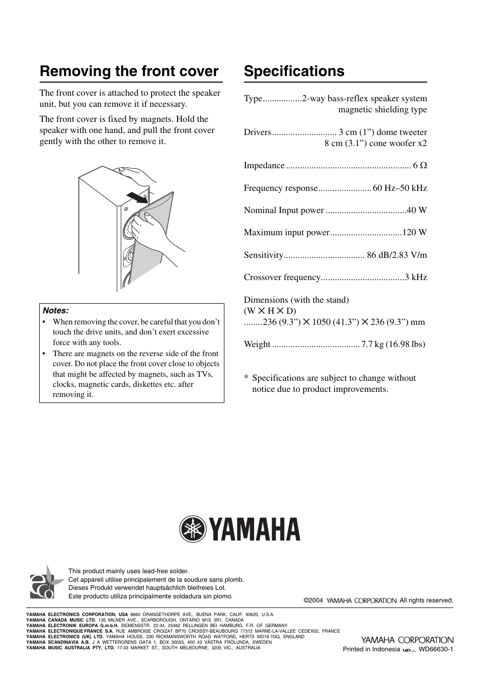 Removing the front cover, Specifications | Yamaha NS-225F User Manual | Page 4 / 4