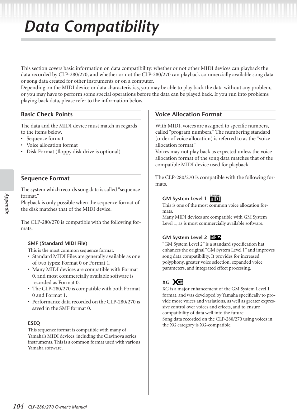 Data compatibility | Yamaha CLP-280 User Manual | Page 104 / 124