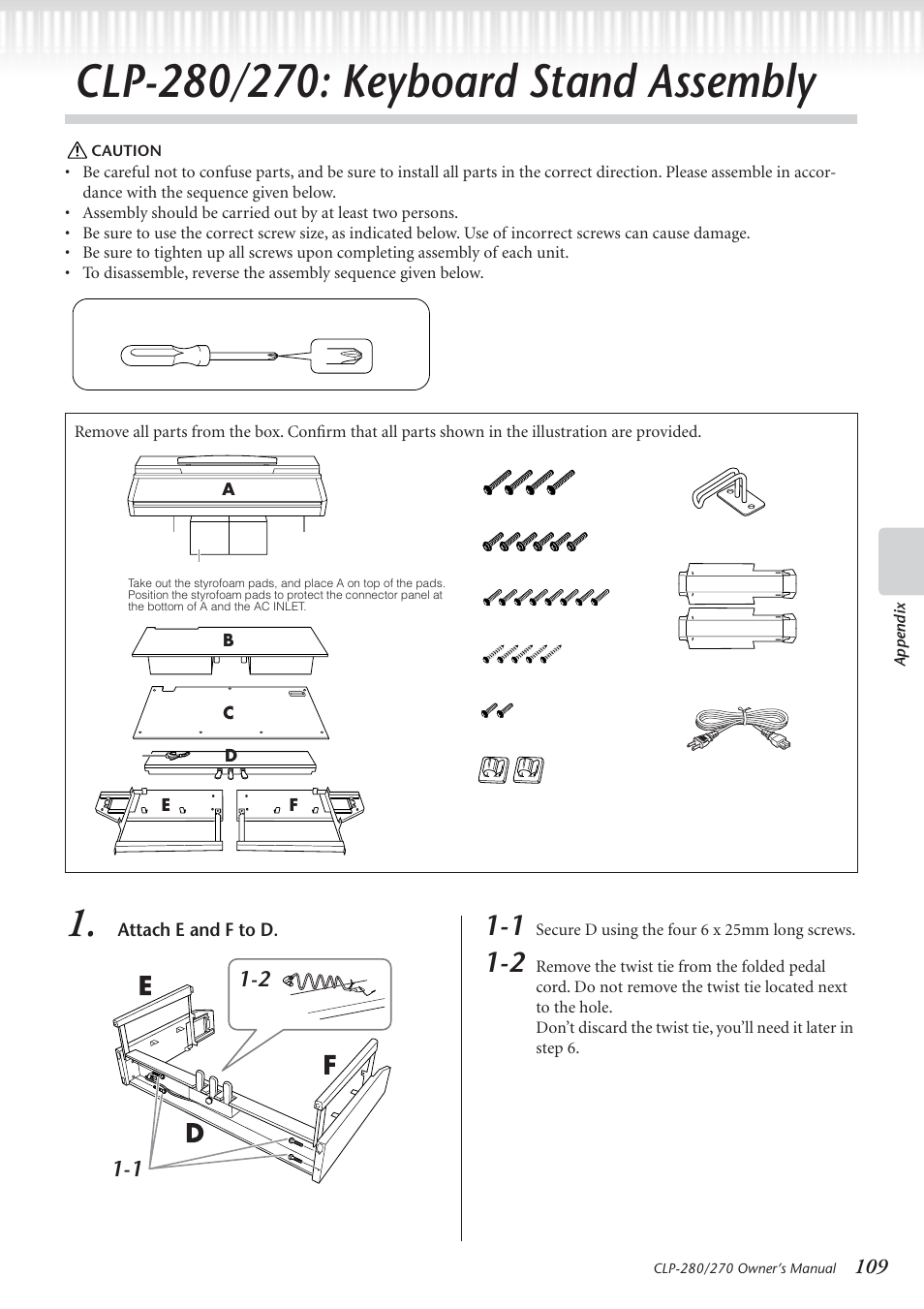 Clp-280/270: keyboard stand assembly, Clp-280/ 270: keyboard stand assembly | Yamaha CLP-280 User Manual | Page 109 / 124