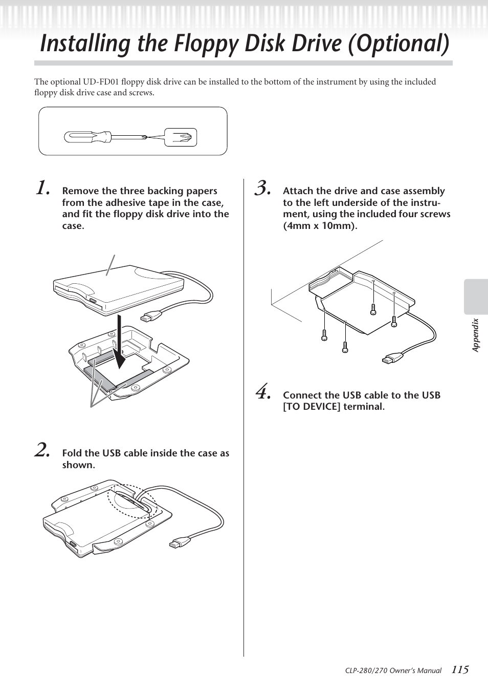 Installing the floppy disk drive (optional) | Yamaha CLP-280 User Manual | Page 115 / 124