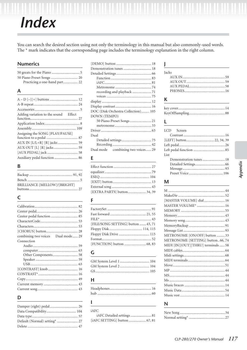 Index | Yamaha CLP-280 User Manual | Page 117 / 124