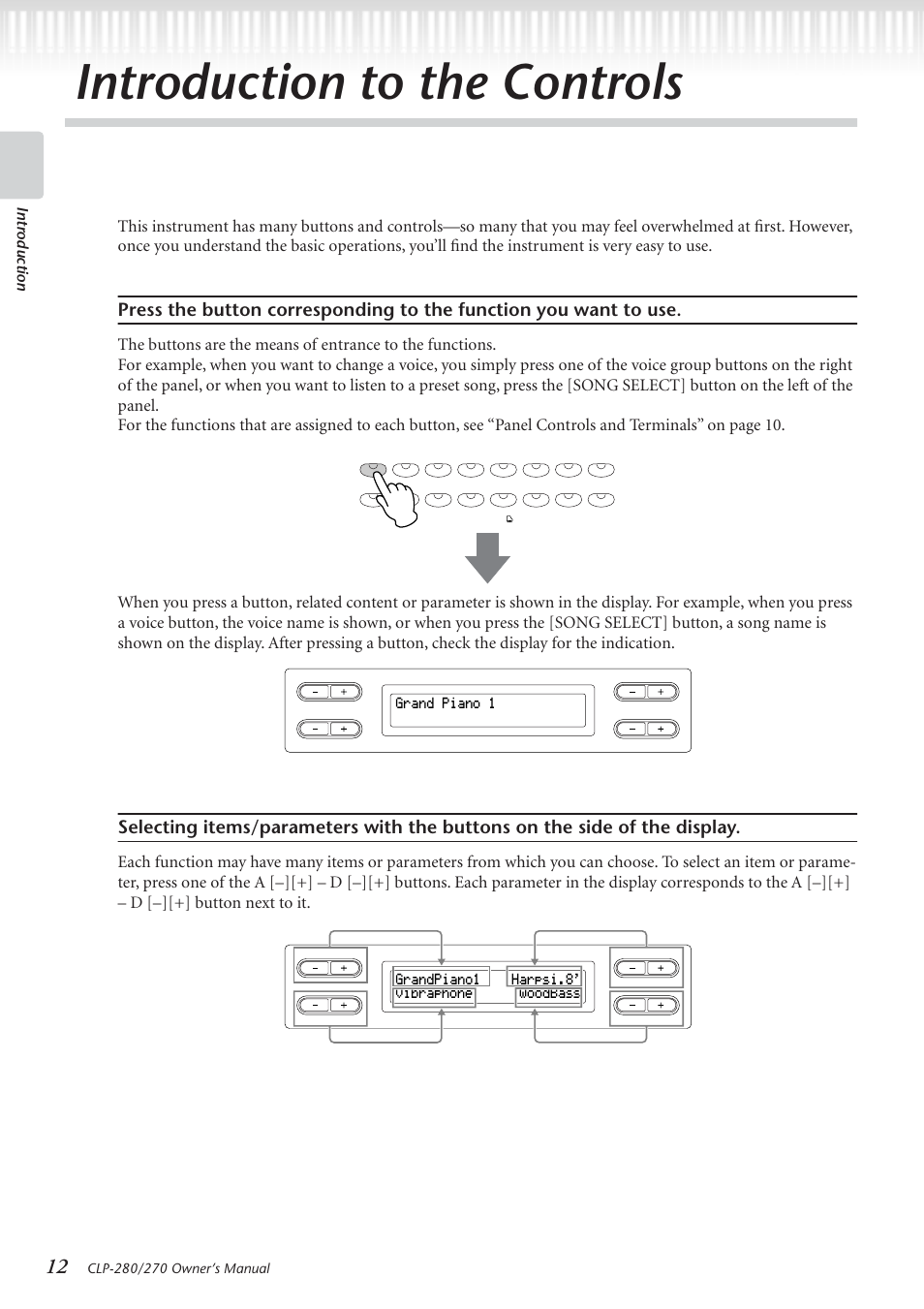 Introduction to the controls, Intr oduction, Grand piano 1 | Grandpiano1 harpsi.8' vibraphone woodbass | Yamaha CLP-280 User Manual | Page 12 / 124