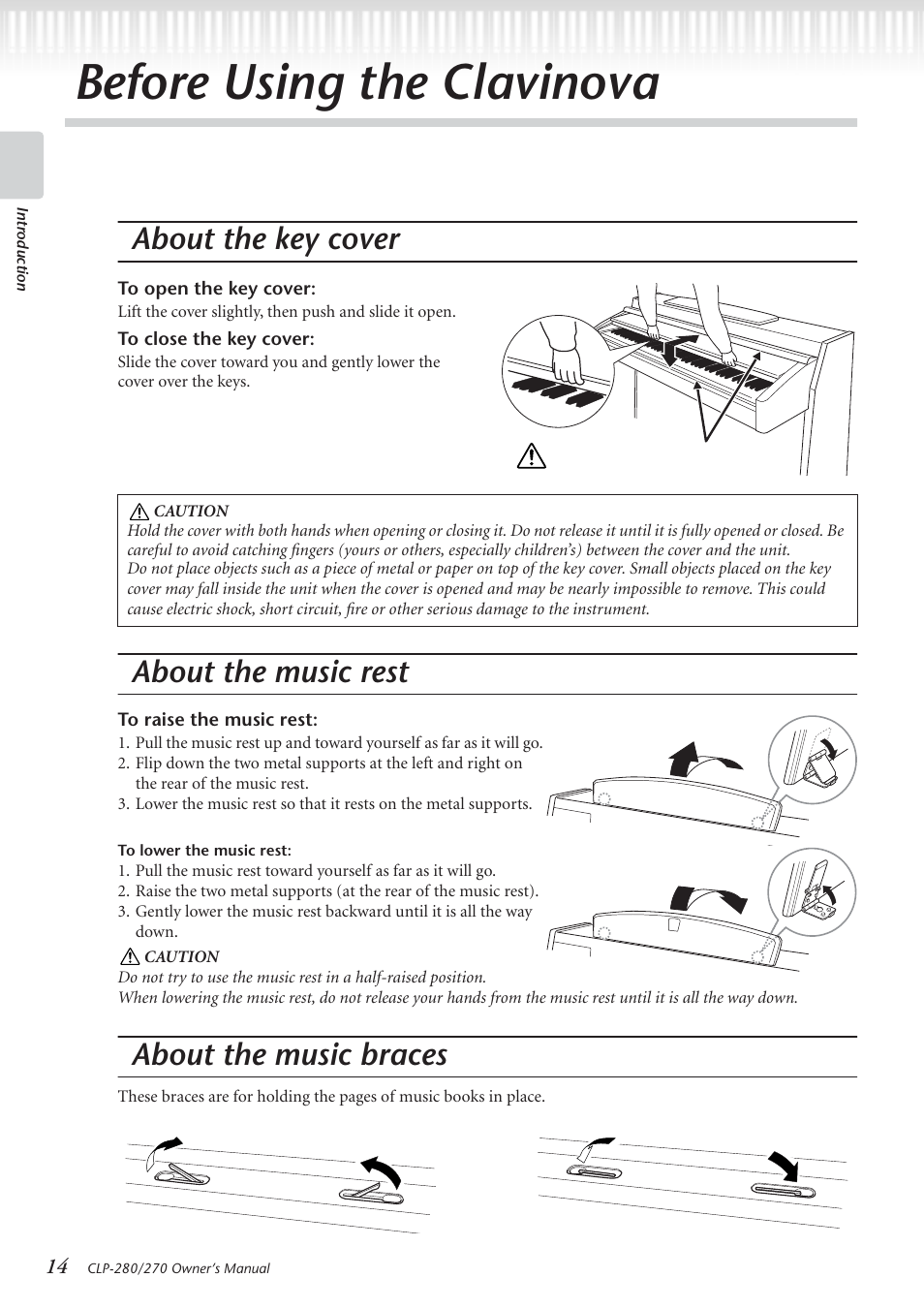 Before using the clavinova, About the key cover, About the music rest | About the music braces | Yamaha CLP-280 User Manual | Page 14 / 124