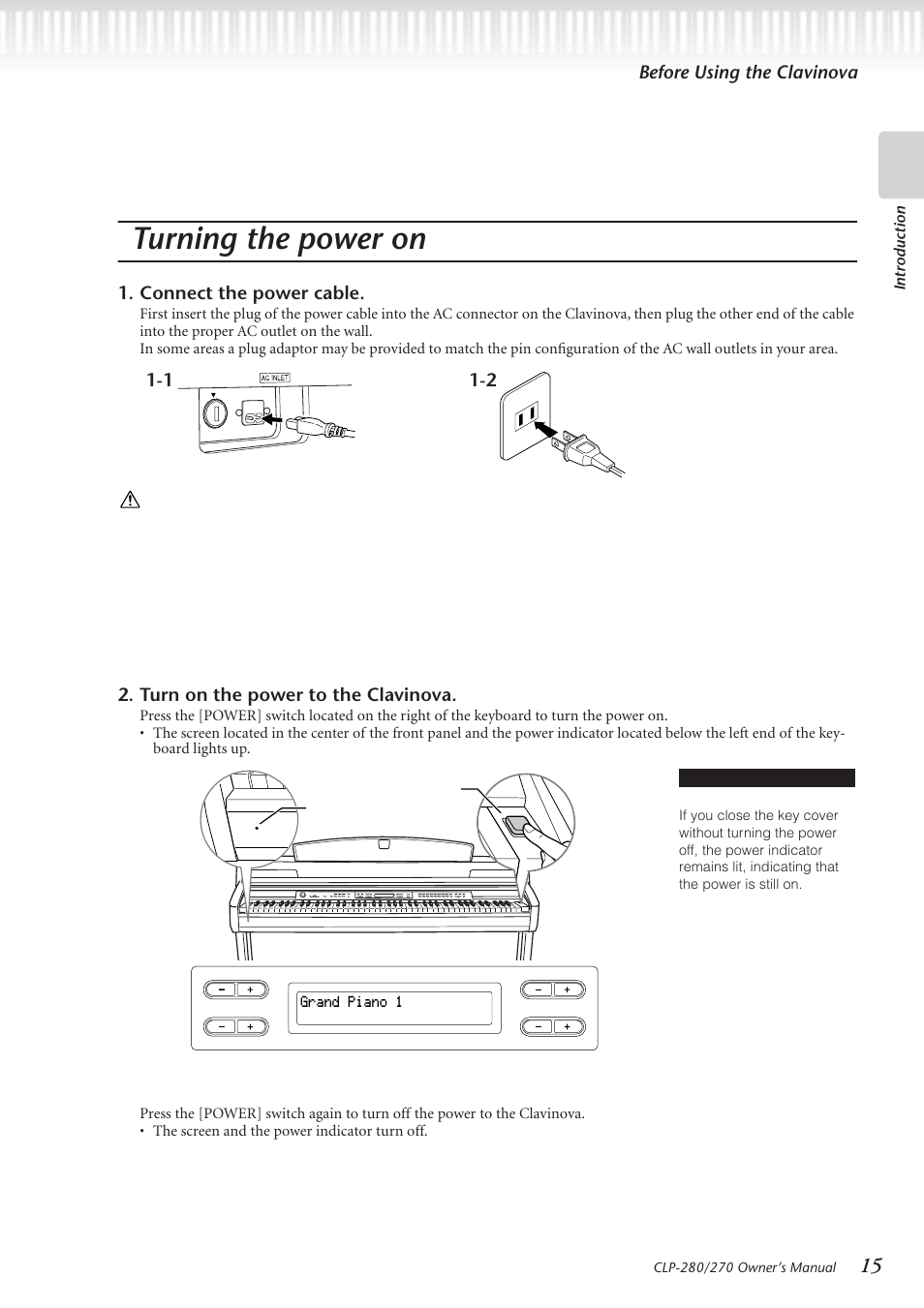 Turning the power on, Before using the clavinova, Connect the power cable | Turn on the power to the clavinova | Yamaha CLP-280 User Manual | Page 15 / 124