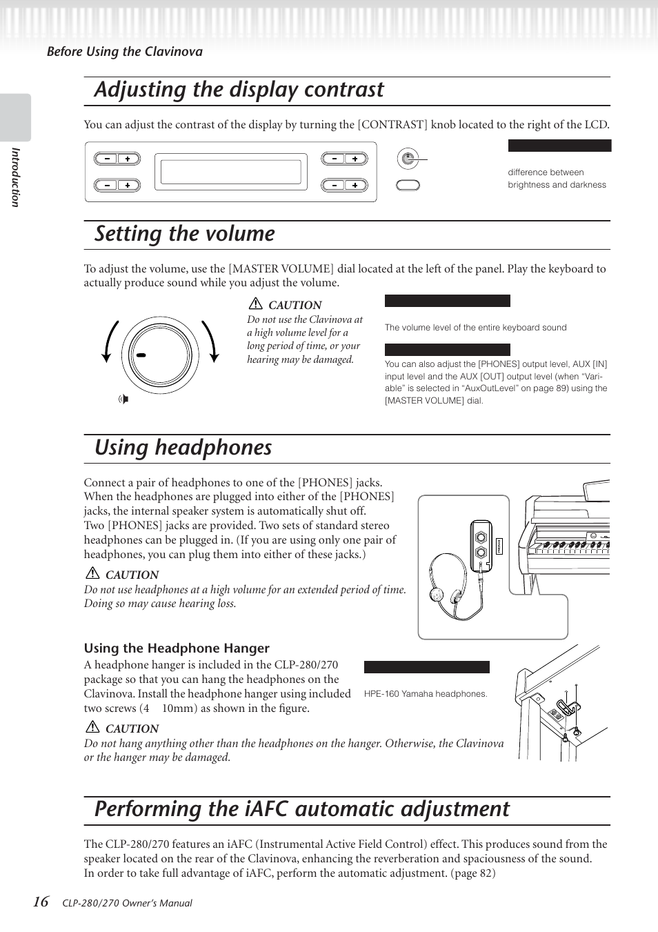 Adjusting the display contrast, Setting the volume, Using headphones | Performing the iafc automatic adjustment, Before using the clavinova, Using the headphone hanger | Yamaha CLP-280 User Manual | Page 16 / 124