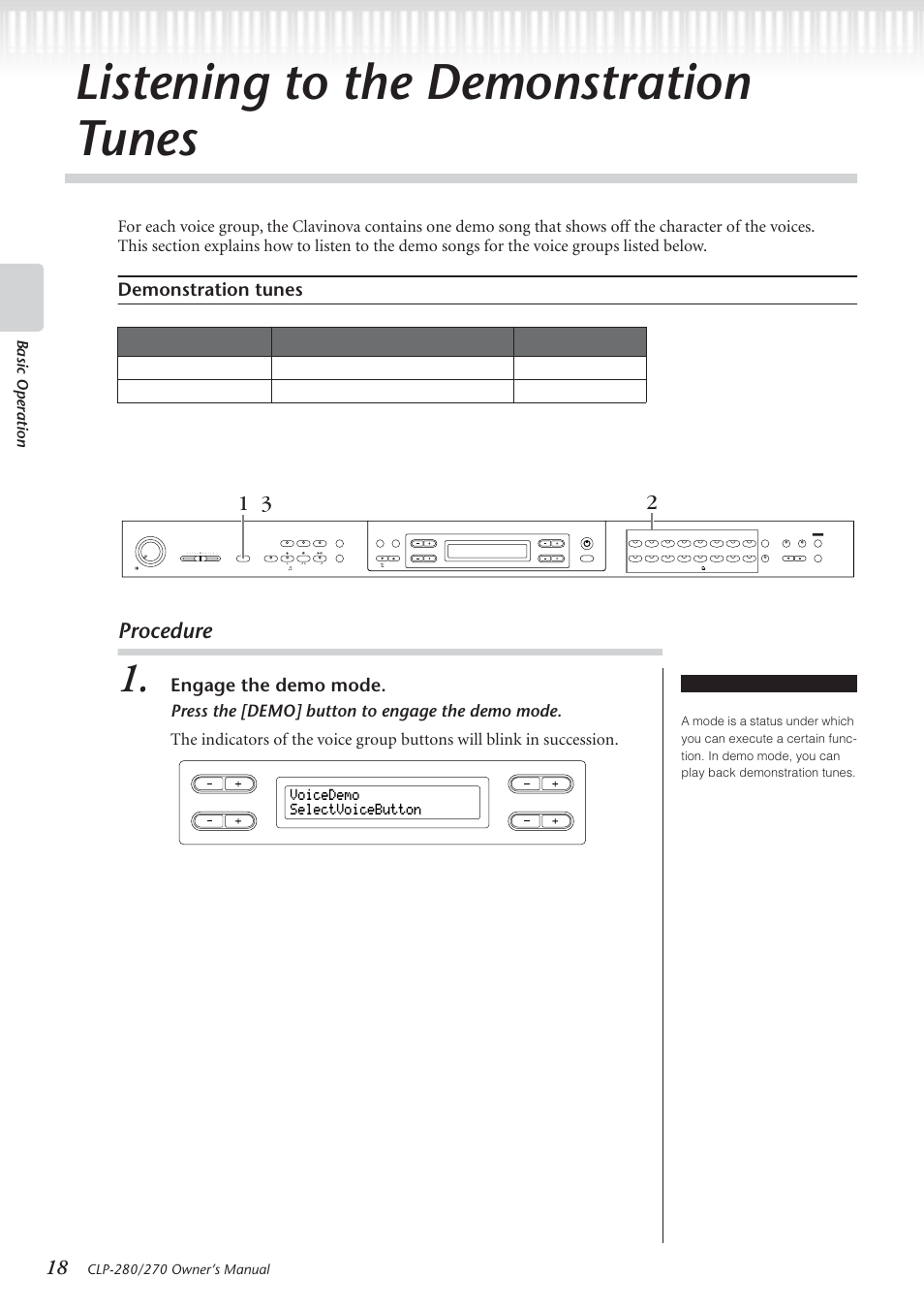 Listening to the demonstration tunes, Procedure, Demonstration tunes | Engage the demo mode, Basic operation, Voicedemo selectvoicebutton, Voice group buttons terminology | Yamaha CLP-280 User Manual | Page 18 / 124