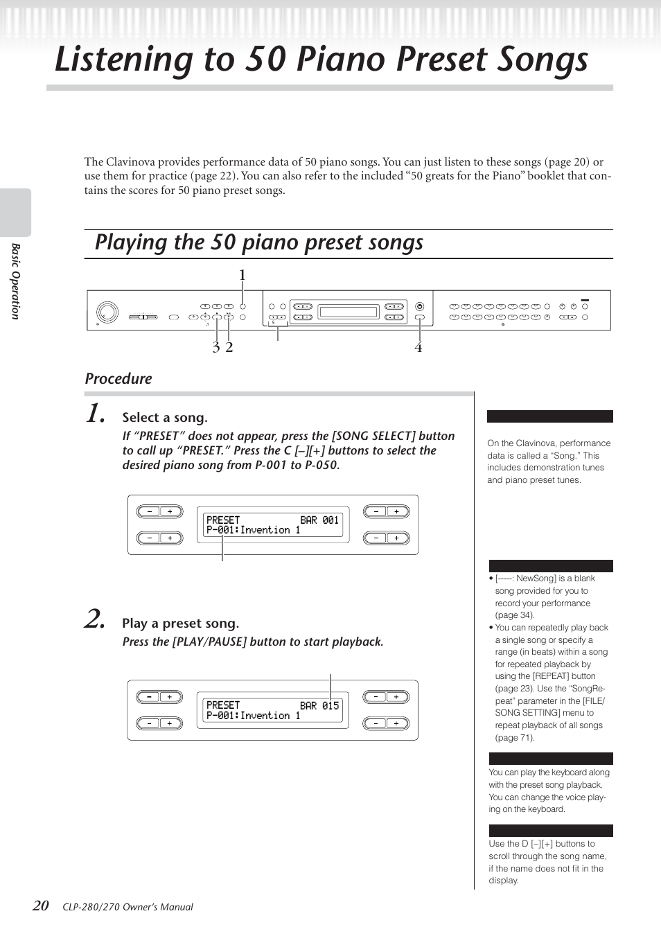 Listening to 50 piano preset songs, Playing the 50 piano preset songs, Procedure | Select a song, Play a preset song, Press the [play/pause] button to start playback, Basic operation, The song number appears on the display, The number of measures | Yamaha CLP-280 User Manual | Page 20 / 124