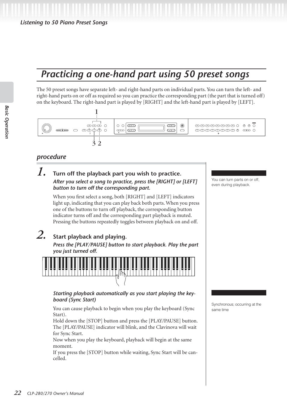 Practicing a one-hand part using 50 preset songs, Procedure, Listening to 50 piano preset songs | Turn off the playback part you wish to practice, Start playback and playing, Basic operation, Tip terminology, You can turn parts on or off, even during playback, Sync: synchronous; occurring at the same time | Yamaha CLP-280 User Manual | Page 22 / 124